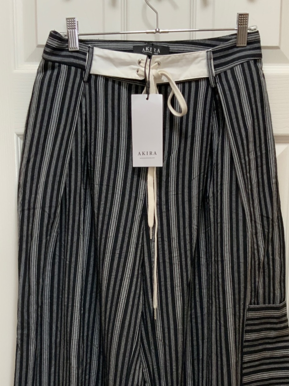 AKIRA Black and White Vertical Stripe Maxi Skirt with Lace-Up Waist